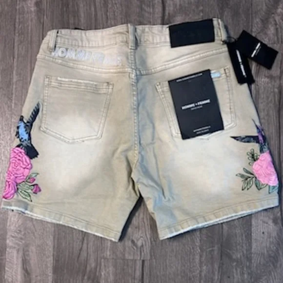 🆕 HOMME + FEMME 🔥 DENIM EMBROIDERED HUMMINGBIRD FLORAL SHORTS - Picture 4 of 7